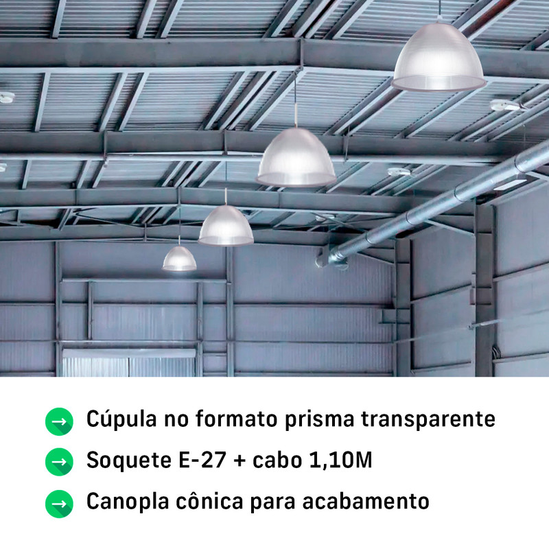 Kit 10 Luminária Pendente Prismática Galpão Industrial 12 Polegadas